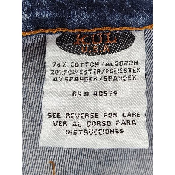 Vintage KUL USA Ribbon Lace Side Detail Mid Rise Flare Jeans Size 11 Blue Brown - Picture 7 of 14
